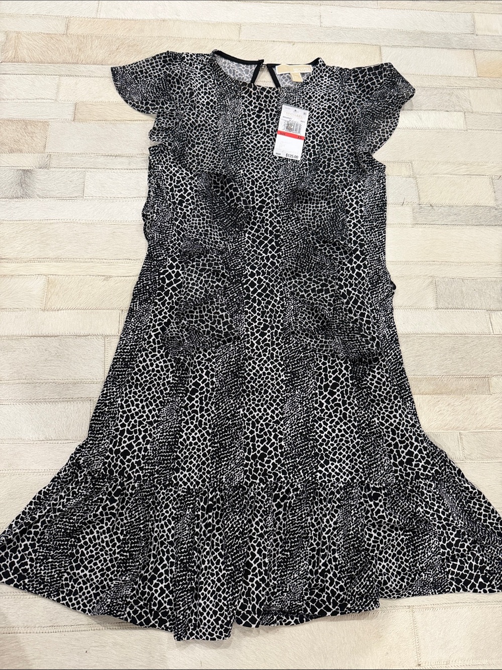 Michael Kors Black & White Animal Print Ruffle Dress